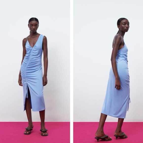 Zara Ruched Light Blue Dress S - Picture 2 of 6